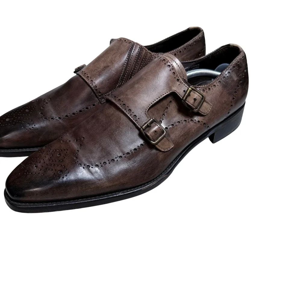 Calzoleria Toscana Monk Strap Shoes Mens 45 Brown Leather Wingtip Brogue Italy